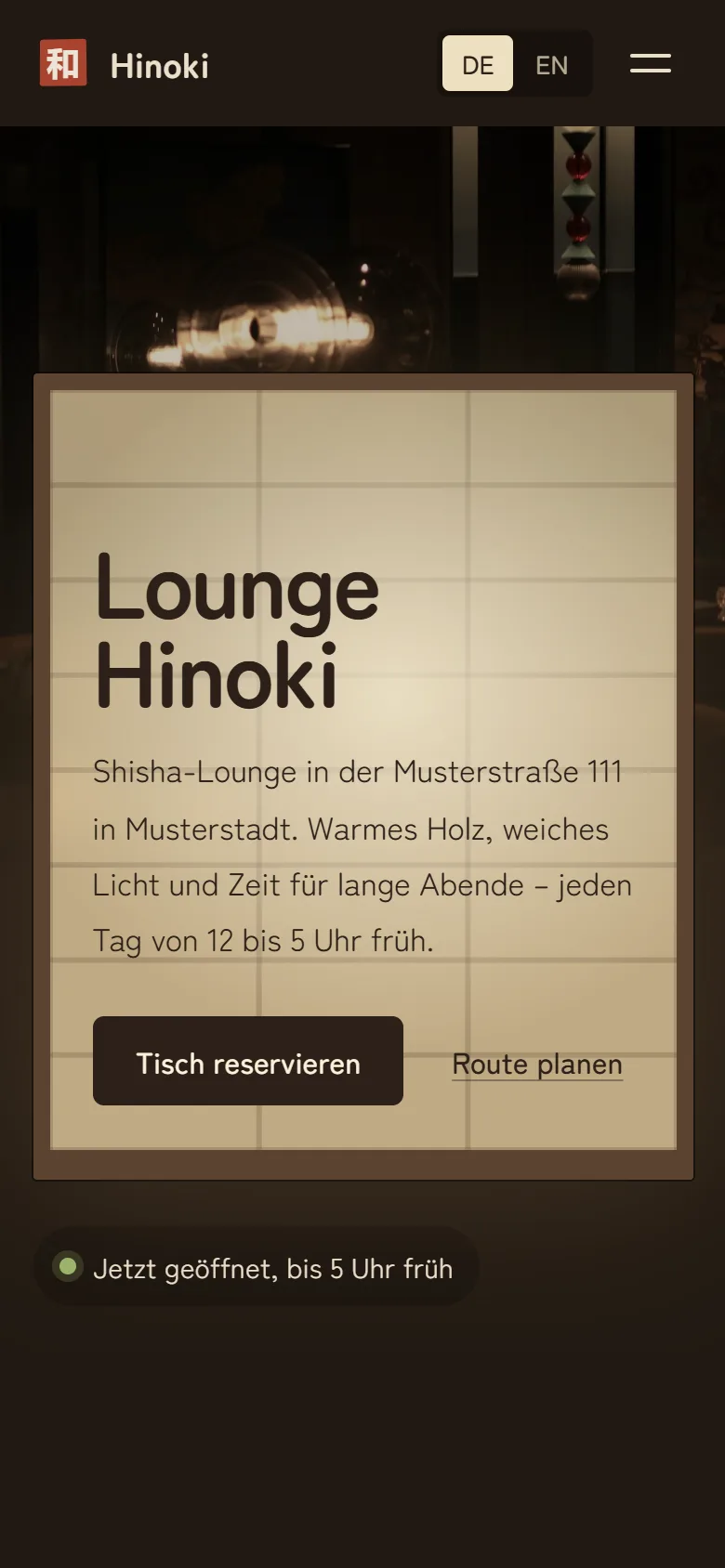 Startseite der Lounge Hinoki auf dem Handy