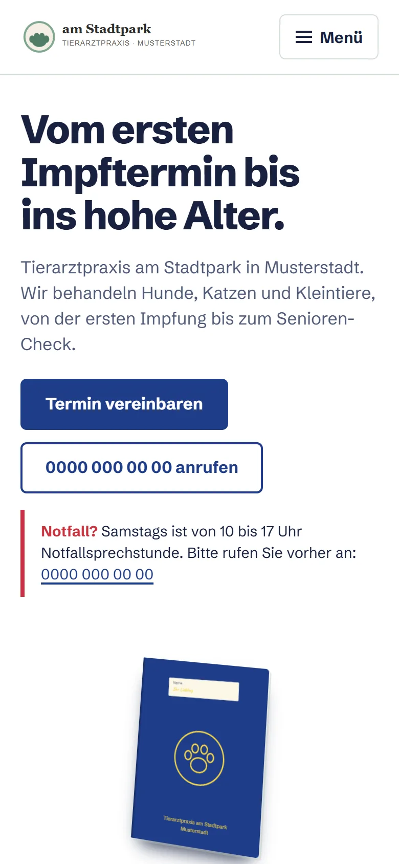 Startseite der Tierarztpraxis am Stadtpark auf dem Handy